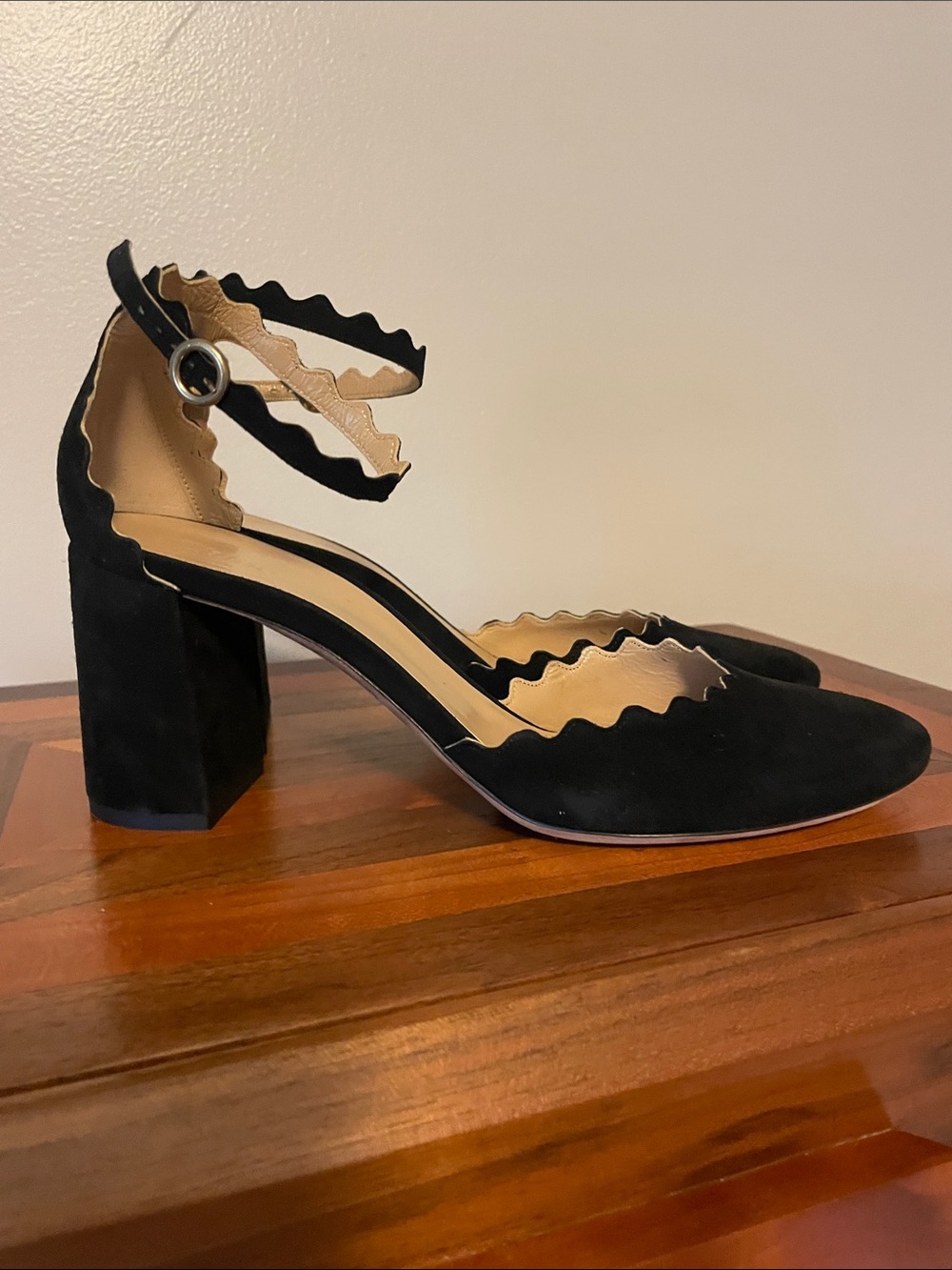 Chloe Black Scalloped Ankle-Strap Block Heel Pumps. Size 38.5 Worn once!!